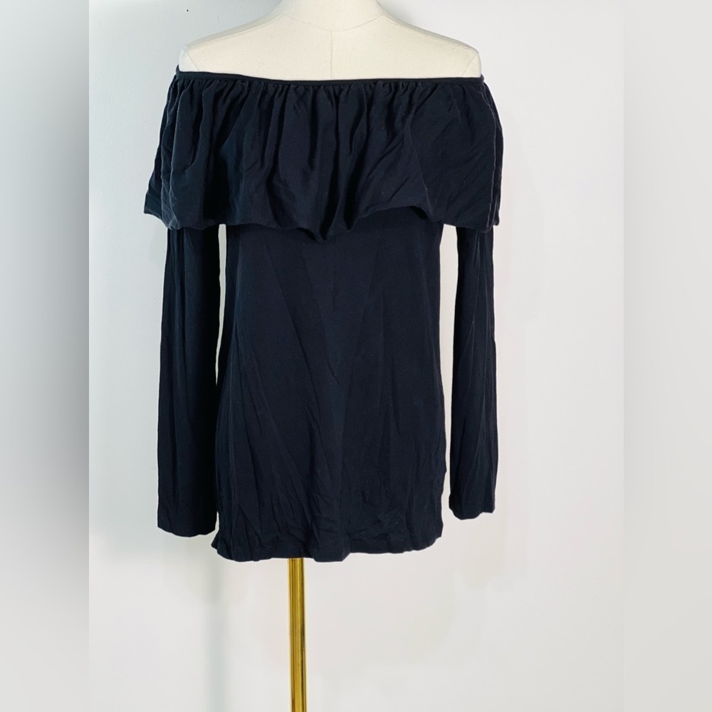 Chaser NWT Gauzy Cotton Jersey Ruffle Neck True Black Size Medium